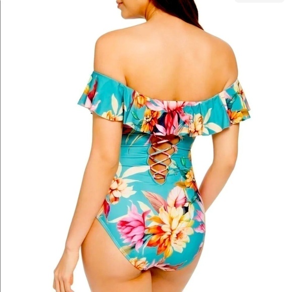 La Blanca Women's Off Shoulder Ruffle Blue One Piece Swimsuit - Picture 2 of 12